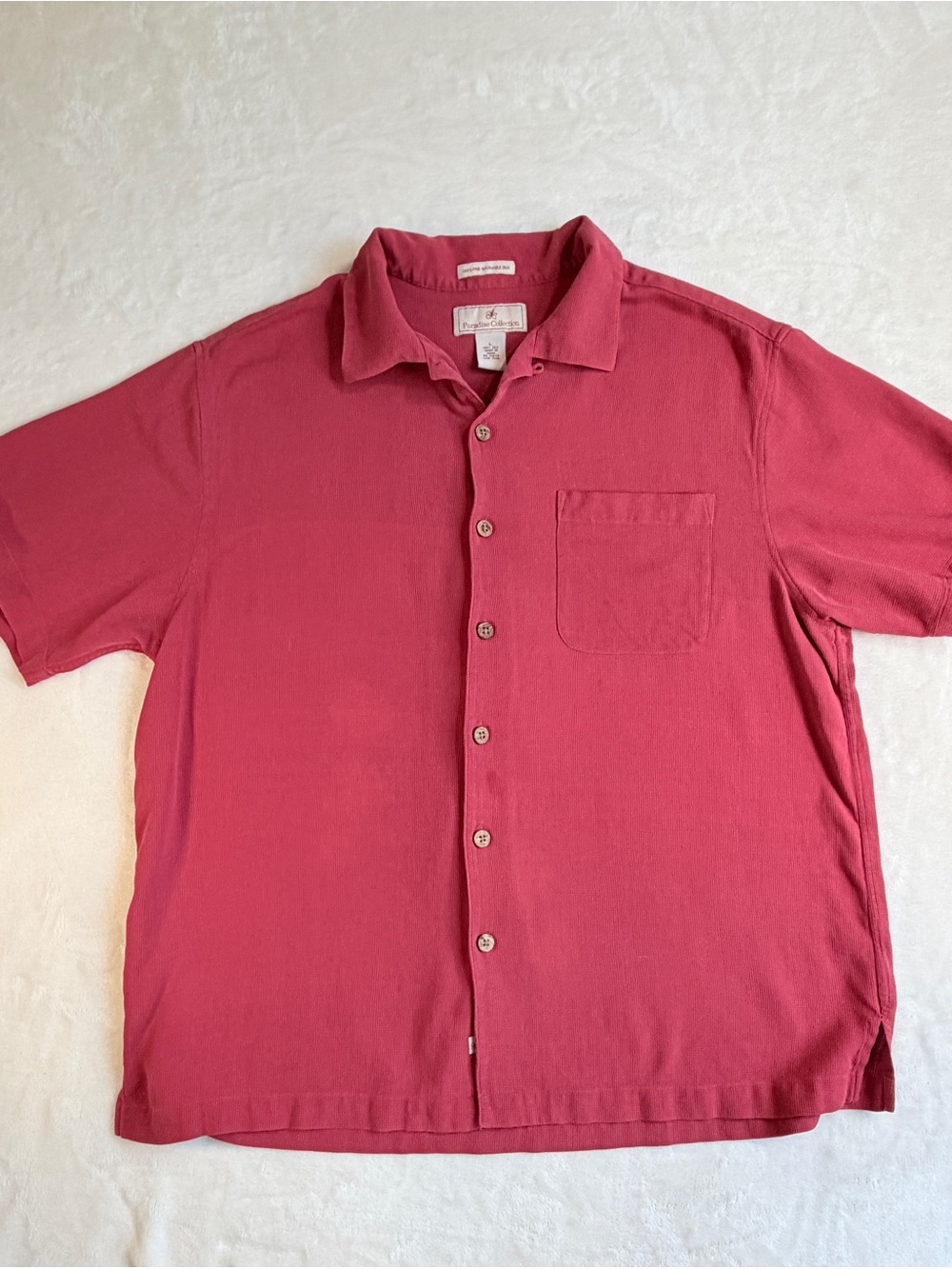 Paradise Collection Mens L Silk Polo Shirt Waffle Knit Pink Coral Short Sleeve